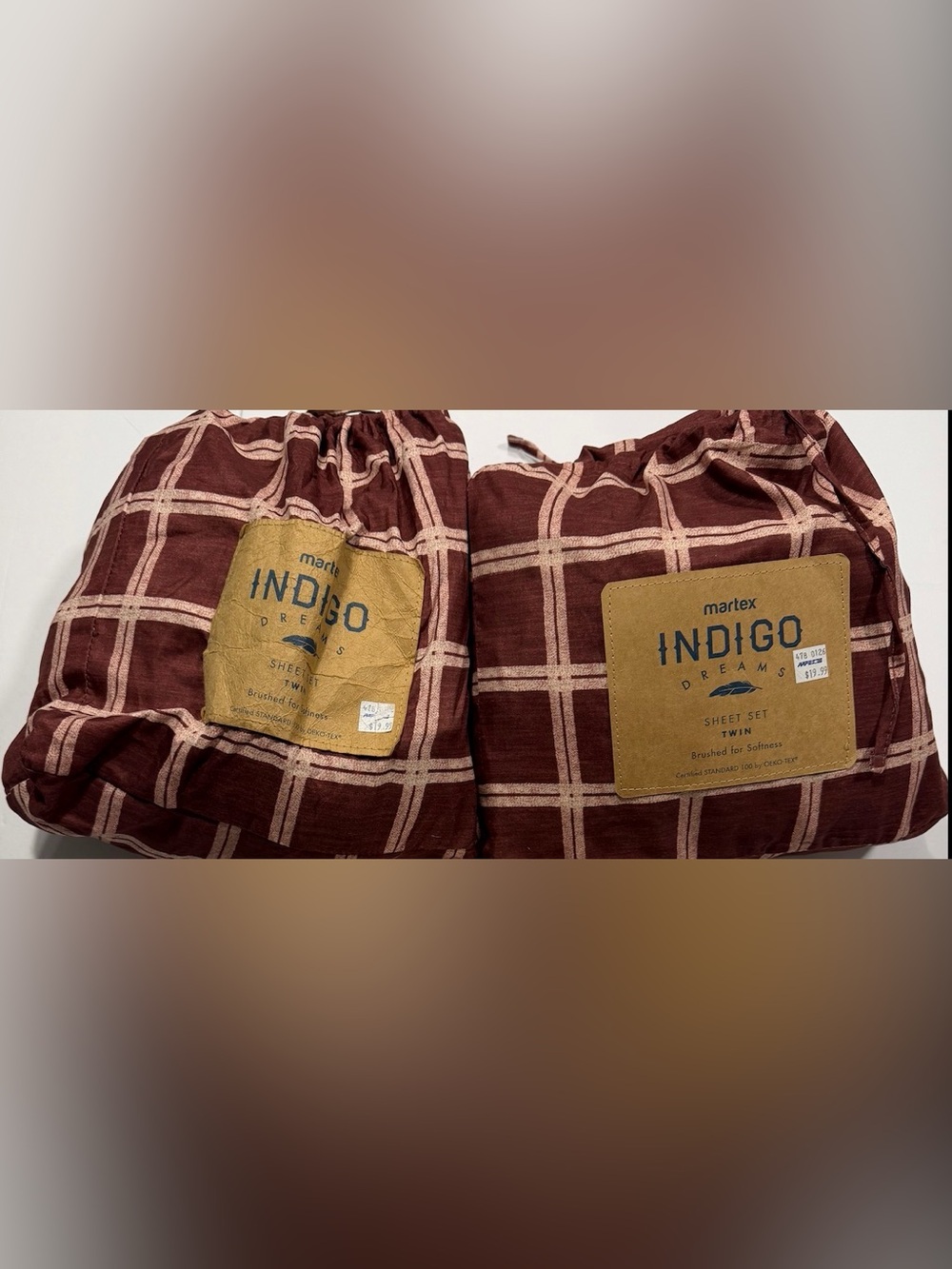 Martex Indigo Dreams Twin Sheet Set - Burgundy Plaid. 2 sets in matching bags
